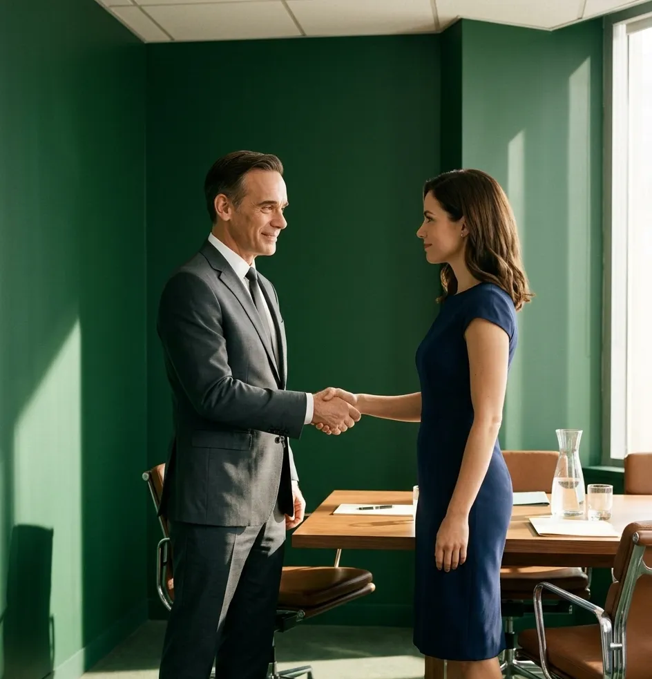 A man and woman in business attire shake hands in a modern office with green walls and sunlight.