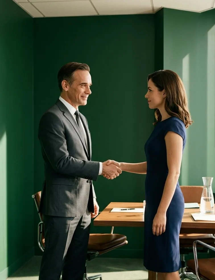 Two professionals shake hands in an office with green walls and a wooden table in the background.