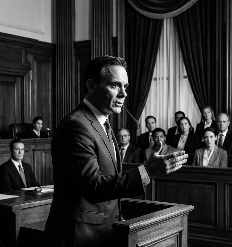 A man in a suit speaks passionately at a courtroom podium; people listen intently in the background.