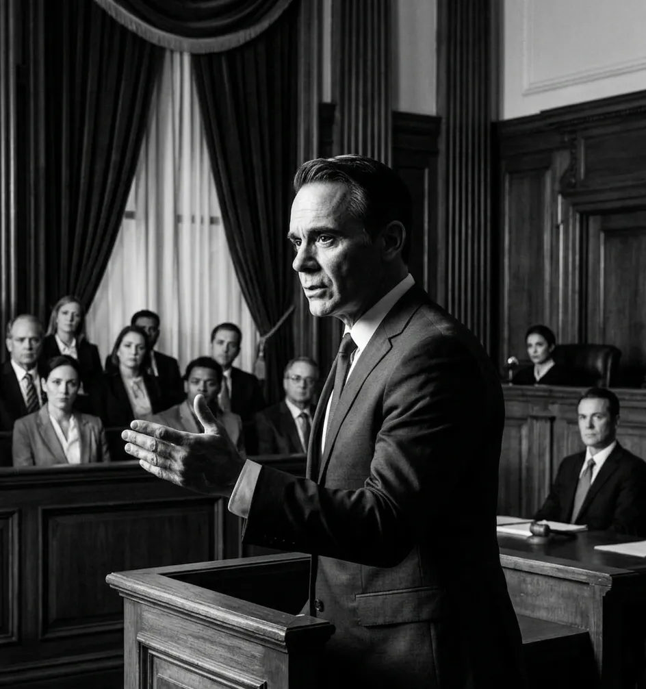 A lawyer speaks passionately in a courtroom, with a judge and jury listening attentively in the background.