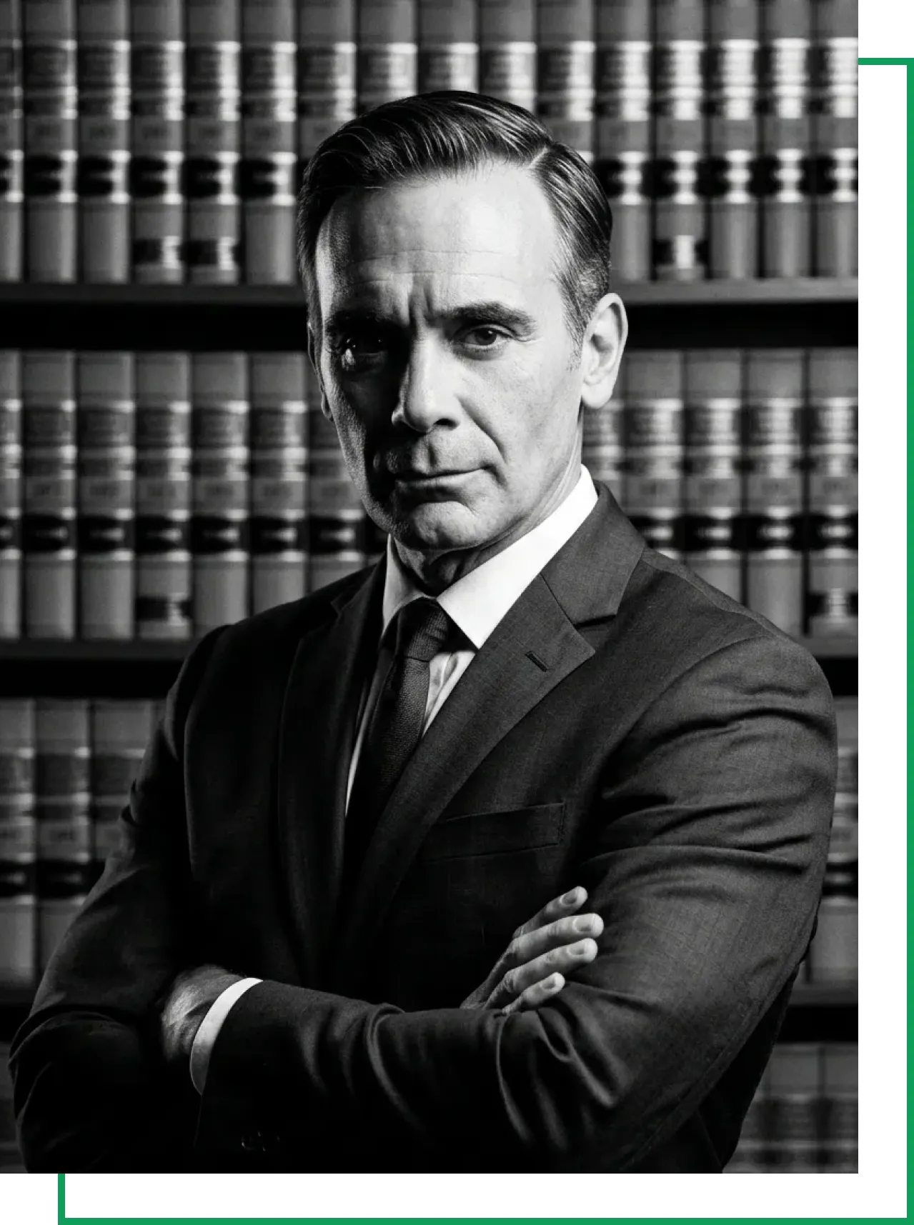 A serious man in a suit stands with arms crossed in front of shelves filled with legal books.